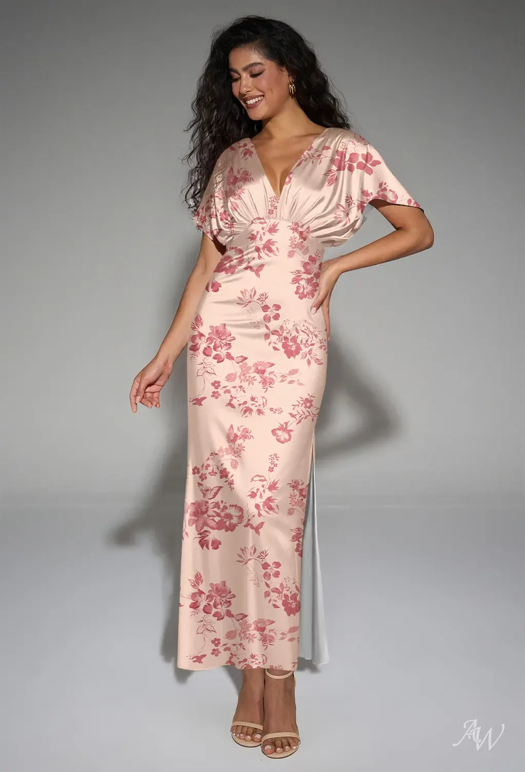 AW Valeria Dress, Pearl Pink Satin Charmeuse Ankle Length V-Neck